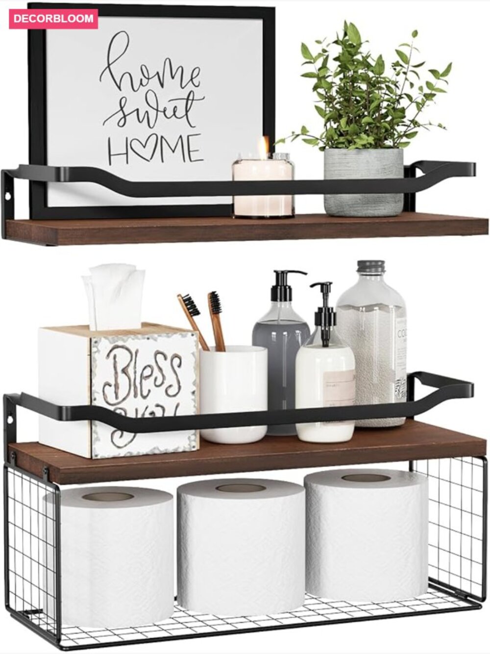 Floating Shelves with Wire Basket, Wall Mounted, Set of 3